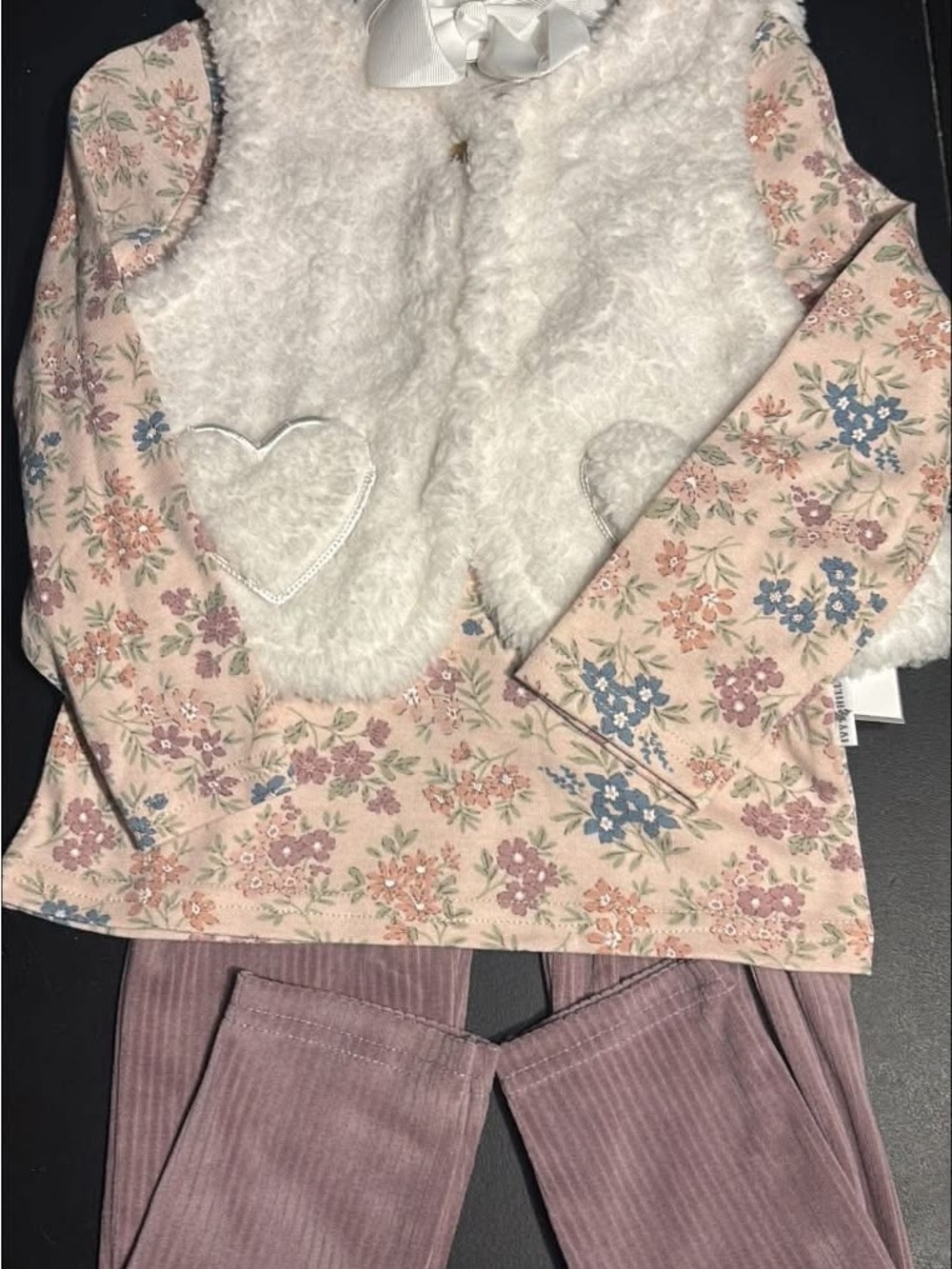 Girls Floral Pink Top with White Faux-Fur Vest & Mauve Ribbed Pants Set